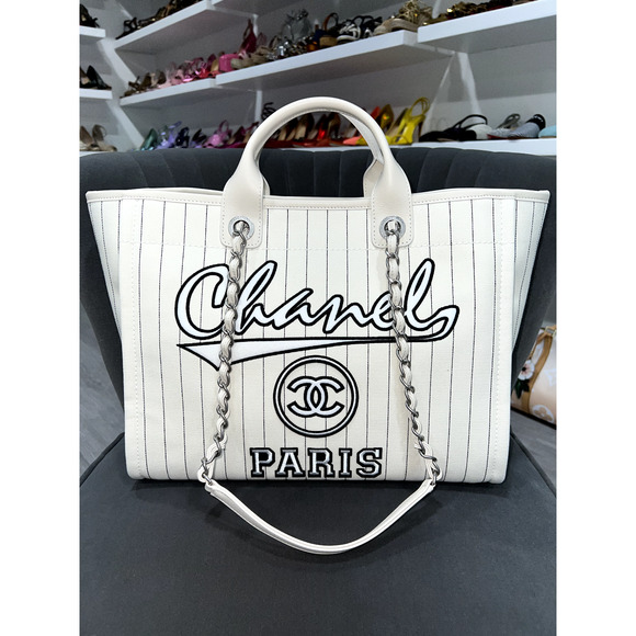 Chanel 23P Deauville White Ecru Black Stripe Large Shopping 30cm Handle Tote Bag - Picture 1 of 10